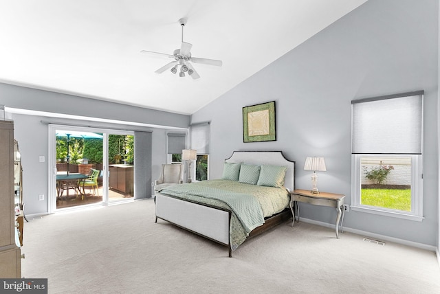 43251 Brownstone Ct, Ashburn, VA 20147 - carpeted bedroom featuring access to outside, high vaulted ceiling, and a ceiling fan