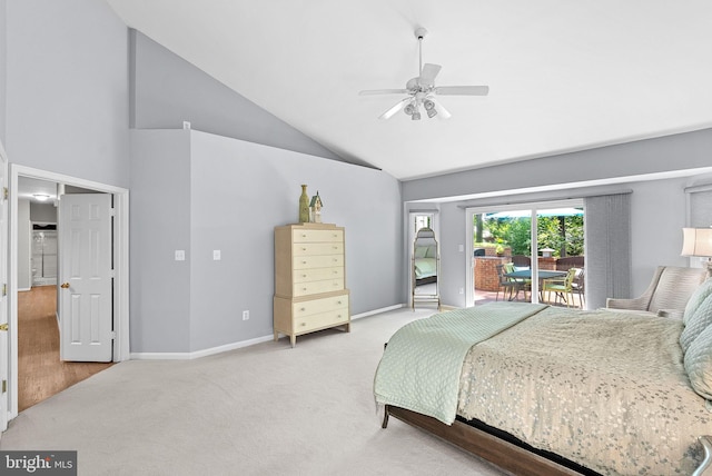 43251 Brownstone Ct, Ashburn, VA 20147 - carpeted bedroom featuring access to exterior, high vaulted ceiling, and ceiling fan