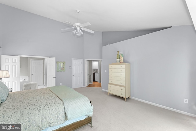 43251 Brownstone Ct, Ashburn, VA 20147 - bedroom with high vaulted ceiling, light colored carpet, a ceiling fan, and ensuite bath