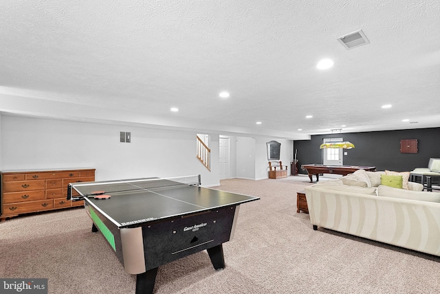 43251 Brownstone Ct, Ashburn, VA 20147 - rec room featuring carpet floors, pool table, recessed lighting, and a textured ceiling