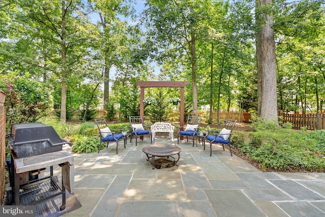 43251 Brownstone Ct, Ashburn, VA 20147 - fenced backyard with a patio area, an outdoor fire pit, and grilling area