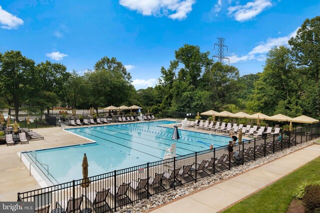 5840 Wescott Hills Way, Alexandria, VA 22315 - community pool featuring a patio area and view of wooded area
