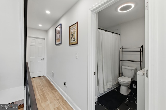 2246 N Hancock St, Philadelphia, PA 19133 - full bathroom with a shower with shower curtain, recessed lighting, and wood finished floors