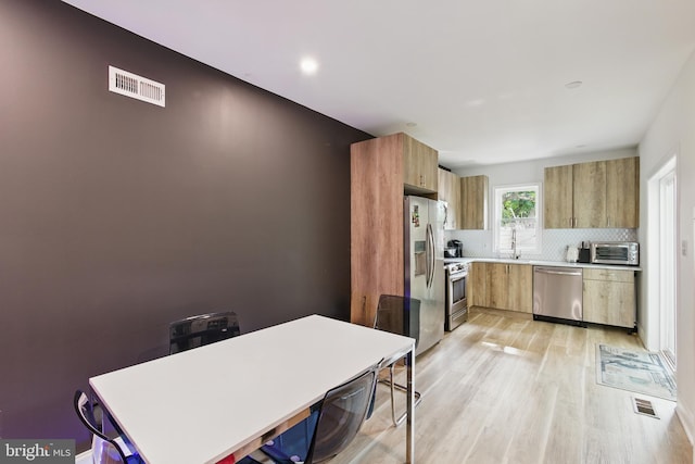 2246 N Hancock St, Philadelphia, PA 19133 - kitchen featuring stainless steel appliances, light wood-type flooring, tasteful backsplash, and modern cabinets