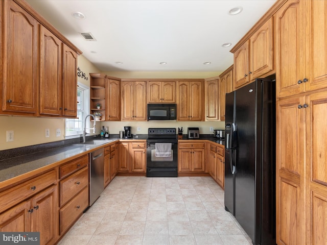 364 Stoney Bottom Rd, Front Royal, VA 22630 - kitchen featuring black appliances, open shelves, brown cabinetry, dark countertops, and recessed lighting