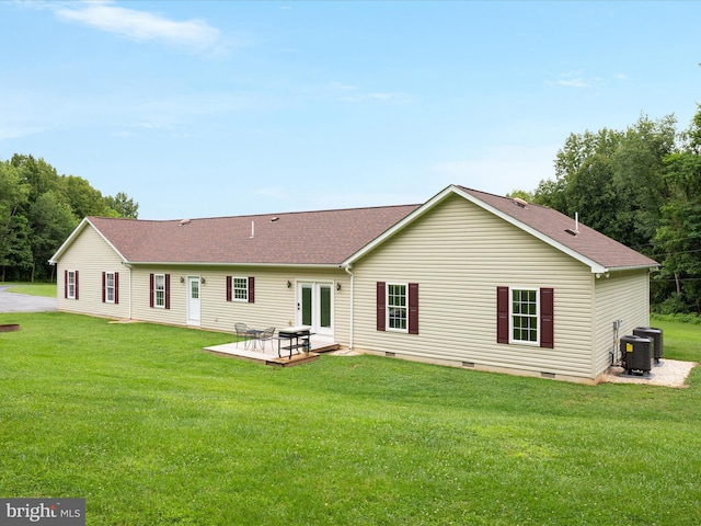 364 Stoney Bottom Rd, Front Royal, VA 22630 - back of property with crawl space, a yard, roof with shingles, and french doors