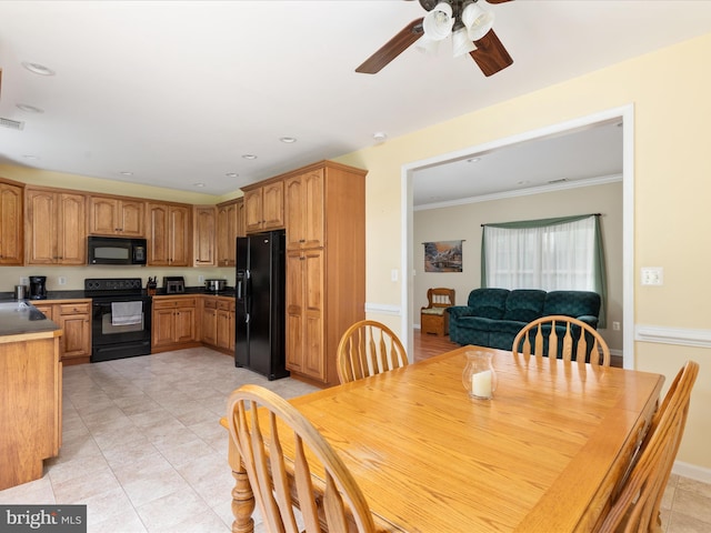 364 Stoney Bottom Rd, Front Royal, VA 22630 - dining room with a ceiling fan, crown molding, light tile patterned flooring, and recessed lighting