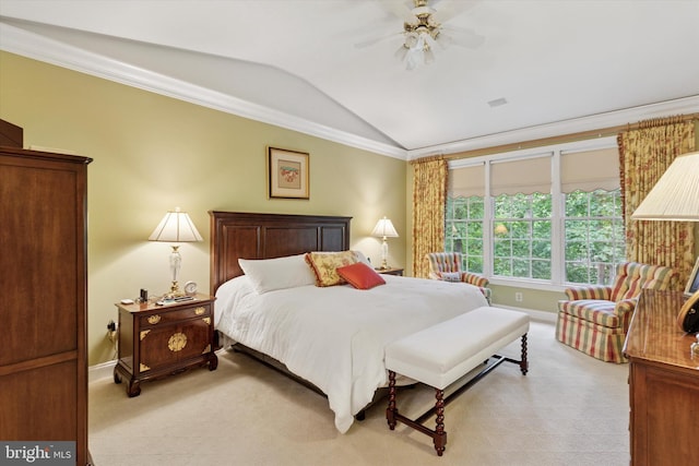 130 Piqua Cir Unit 30, Berwyn, PA 19312 - bedroom featuring vaulted ceiling, ornamental molding, light carpet, and a ceiling fan