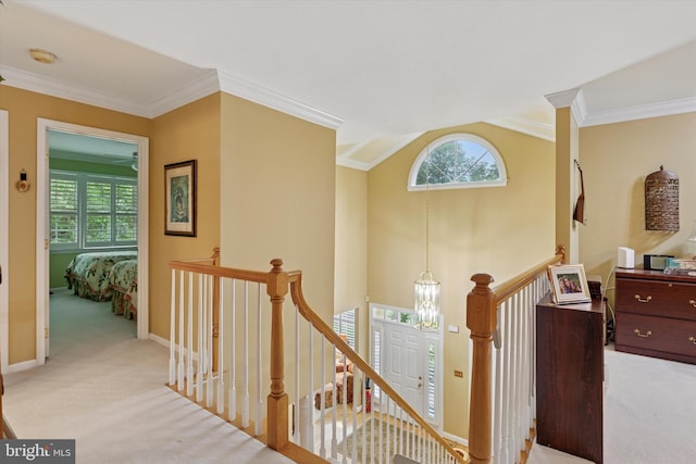 130 Piqua Cir Unit 30, Berwyn, PA 19312 - hallway featuring an upstairs landing, carpet flooring, crown molding, and a chandelier
