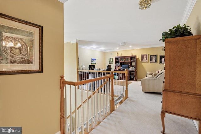 130 Piqua Cir Unit 30, Berwyn, PA 19312 - hallway with an upstairs landing, ornamental molding, carpet flooring, and recessed lighting