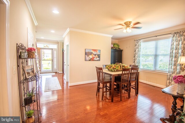 37126 Solitude Dr, Selbyville, DE 19975 - dining space featuring hardwood / wood-style floors, crown molding, ceiling fan, and recessed lighting