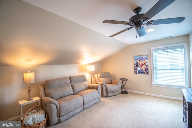 37126 Solitude Dr, Selbyville, DE 19975 - carpeted living room with a ceiling fan and lofted ceiling