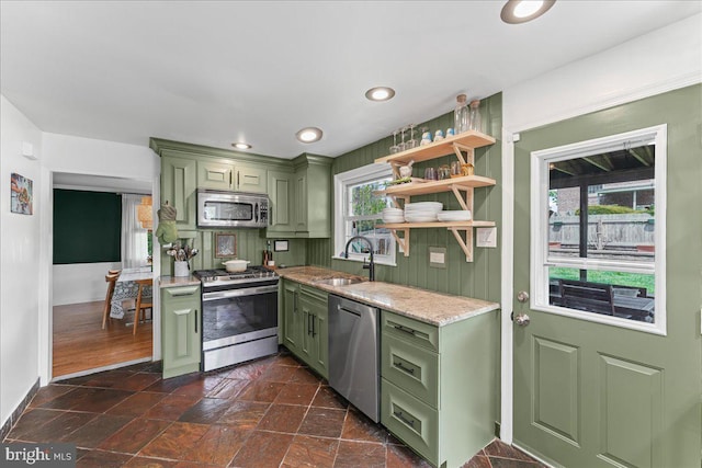 809 Addingham Ave, Drexel Hill, PA 19026 - kitchen featuring green cabinets, appliances with stainless steel finishes, open shelves, recessed lighting, and dark stone finish floors