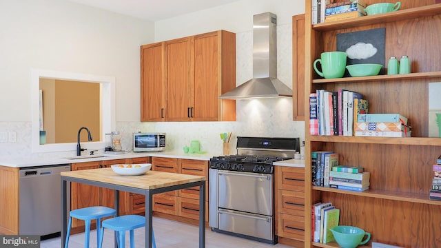 18 Hart Ave, Hopewell, NJ 08525 - kitchen with appliances with stainless steel finishes, wall chimney range hood, open shelves, light countertops, and decorative backsplash