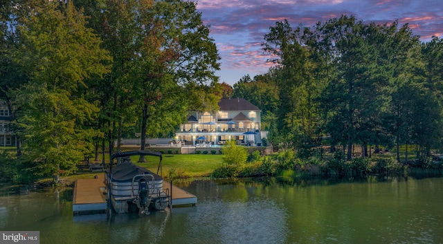 11204 Fawn Lake Pkwy, Spotsylvania, VA 22551 - dock featuring a water view, a balcony, and a yard