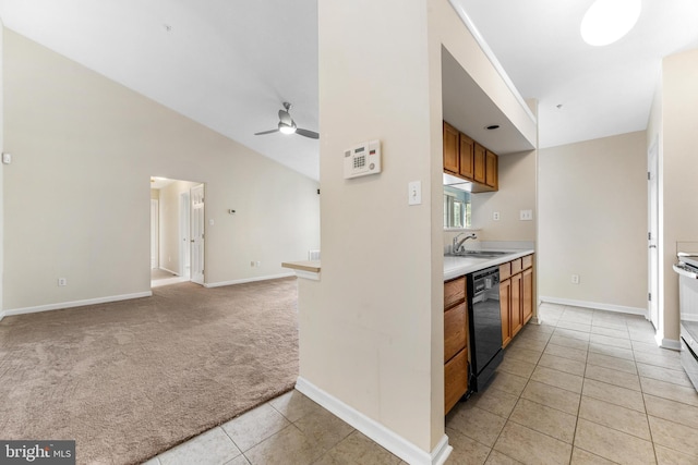 7854 Cornerstone Way Unit 8-7854, Windsor Mill, MD 21244 - kitchen with black dishwasher, brown cabinetry, light carpet, light tile patterned floors, and ceiling fan