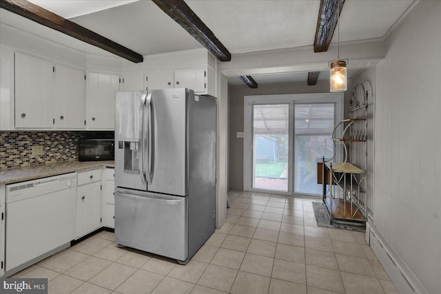 210 N Waverly St, Reading, PA 19607 - kitchen featuring stainless steel refrigerator with ice dispenser, dishwasher, beamed ceiling, white cabinetry, and backsplash