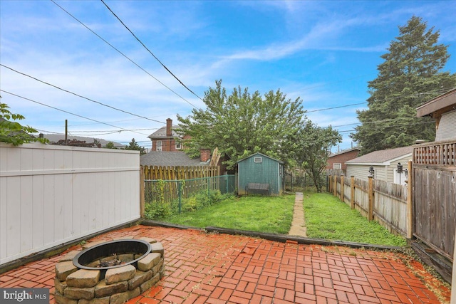 210 N Waverly St, Reading, PA 19607 - fenced backyard featuring a fire pit, a shed, and a patio area