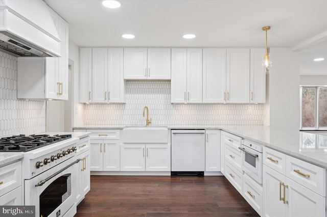 4127 Presidential Dr, Lafayette Hill, PA 19444 - kitchen featuring premium range hood, white appliances, white cabinetry, recessed lighting, and dark wood-type flooring