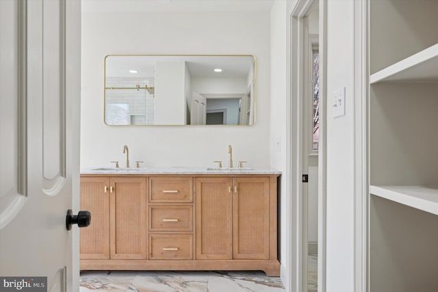 4127 Presidential Dr, Lafayette Hill, PA 19444 - full bath with marble finish floors, double vanity, a shower, and recessed lighting