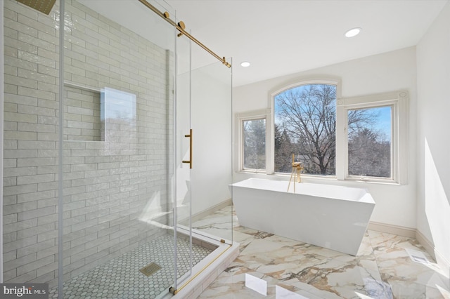 4127 Presidential Dr, Lafayette Hill, PA 19444 - full bathroom with a freestanding tub, marble tiled floors, a stall shower, and recessed lighting