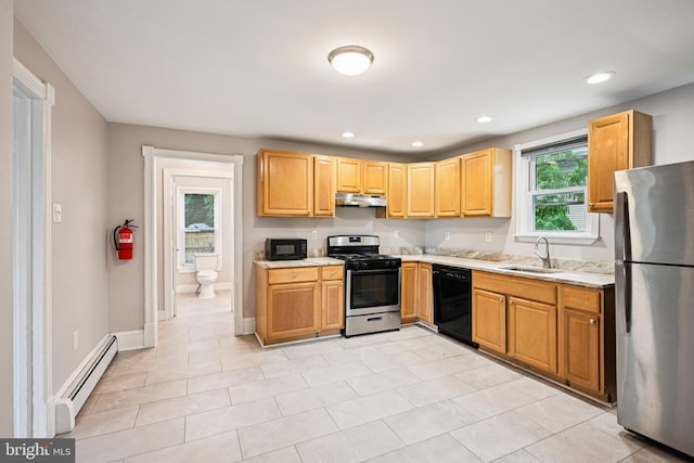 134 S Main St, Glassboro, NJ 08028 - kitchen featuring black appliances, baseboard heating, under cabinet range hood, recessed lighting, and light stone countertops