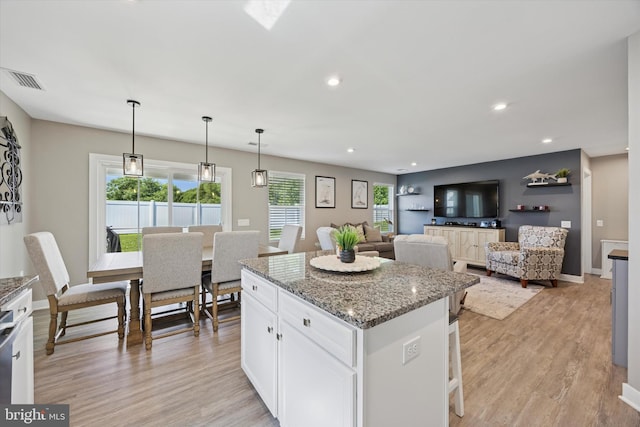 92 Senators Way, Berlin, NJ 08009 - kitchen featuring a kitchen island, light wood-type flooring, white cabinets, light stone counters, and recessed lighting
