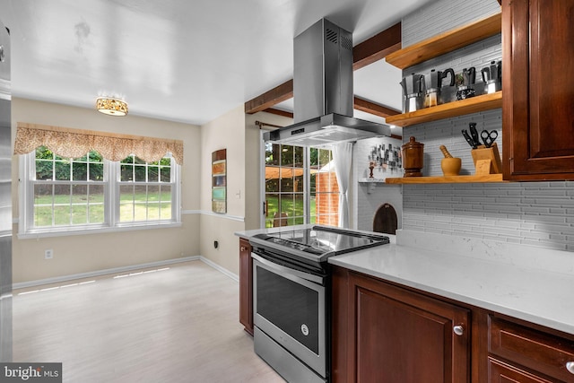 24411 Kakae Dr, Damascus, MD 20872 - kitchen featuring electric stove, island range hood, decorative backsplash, open shelves, and light wood-style flooring