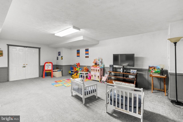 24411 Kakae Dr, Damascus, MD 20872 - recreation room featuring wainscoting, carpet flooring, and a textured ceiling
