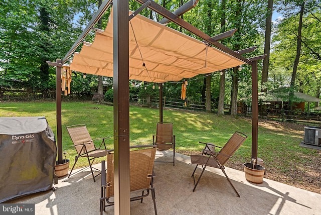 24411 Kakae Dr, Damascus, MD 20872 - fenced backyard featuring a pergola, a patio, area for grilling, and view of wooded area