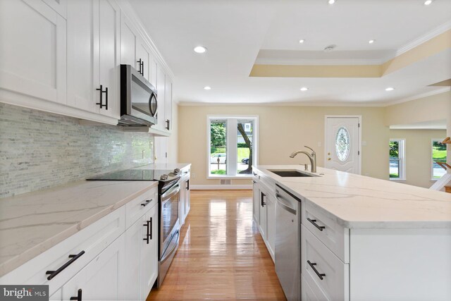 11013 Lopa Ln, North Potomac, MD 20878 - kitchen with stainless steel appliances, ornamental molding, light wood-style flooring, healthy amount of natural light, and backsplash