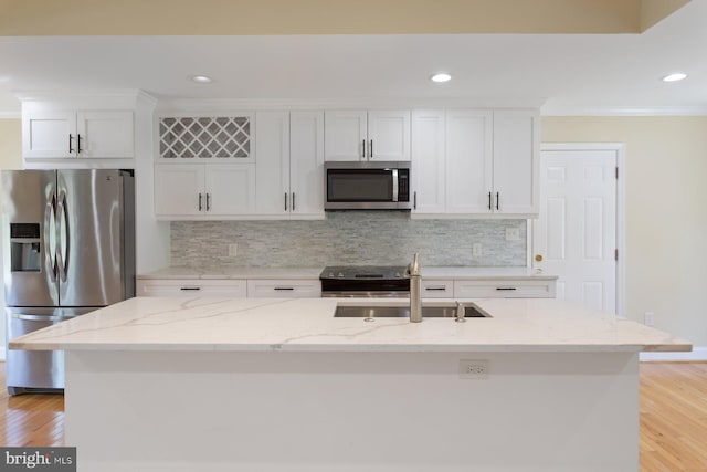 11013 Lopa Ln, North Potomac, MD 20878 - kitchen featuring stainless steel appliances, white cabinets, tasteful backsplash, recessed lighting, and ornamental molding