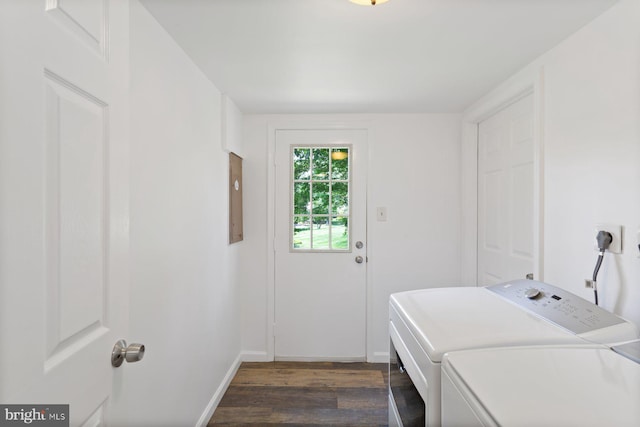 11013 Lopa Ln, North Potomac, MD 20878 - laundry room with washer and dryer and dark wood-style flooring