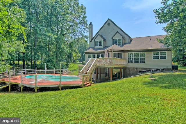 300 Bonnie Meadow Cir, Reisterstown, MD 21136 - rear view of property with a wooden deck, a chimney, stairs, and a covered pool
