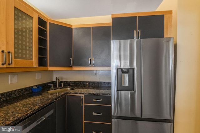 4515 Willard Ave Unit 1111S, Chevy Chase, MD 20815 - kitchen featuring stainless steel fridge, dishwasher, dark stone counters, and glass insert cabinets