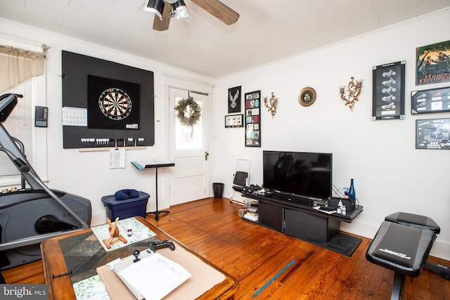 77 Atkins Ave, Hamilton, NJ 08610 - living room featuring ceiling fan, wood finished floors, and ornamental molding