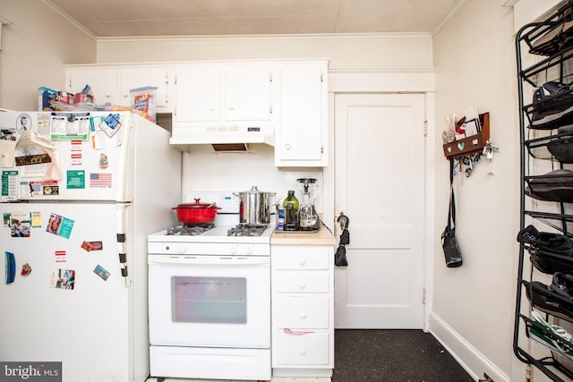 77 Atkins Ave, Hamilton, NJ 08610 - kitchen with white appliances, under cabinet range hood, crown molding, white cabinetry, and light countertops
