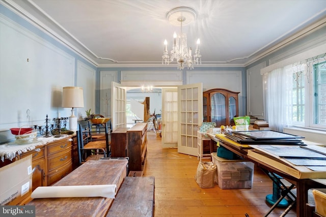 100 Springdale Rd, York, PA 17403 - office area with a chandelier, ornamental molding, light wood finished floors, and french doors