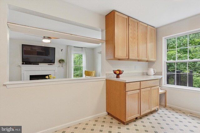1009 Red Rock Cir, Royersford, PA 19468 - kitchen with light countertops, light brown cabinetry, and a fireplace
