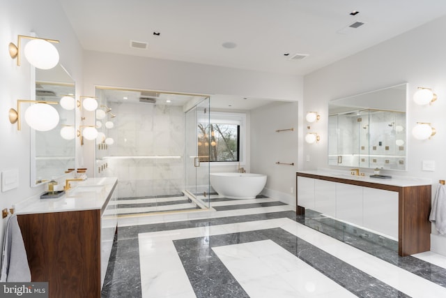 1020 Langley Hill Dr, Mclean, VA 22101 - bathroom featuring a stall shower, two vanities, and a soaking tub