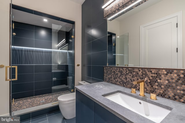 1020 Langley Hill Dr, Mclean, VA 22101 - bathroom featuring a shower stall, vanity, tasteful backsplash, and tile patterned flooring