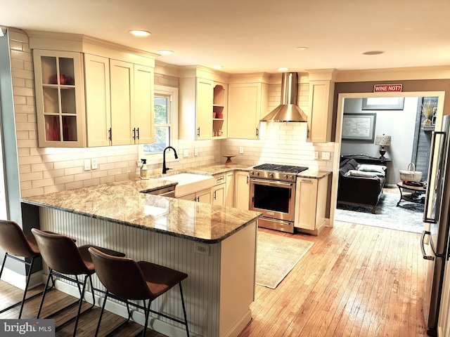 20 Heron Hill Dr, Downingtown, PA 19335 - kitchen featuring stainless steel appliances, wall chimney range hood, a peninsula, light stone countertops, and light wood-style floors