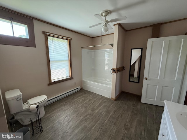 11 Gray Ridge Ln, Berkeley Springs, WV 25411 - full bath with a baseboard radiator, vanity, a ceiling fan, wood finished floors, and shower / washtub combination