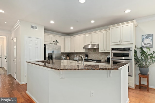 201 Denison St, Fredericksburg, VA 22406 - kitchen featuring appliances with stainless steel finishes, under cabinet range hood, light wood finished floors, dark stone countertops, and backsplash