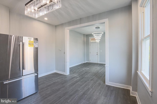 604 E 31st St, Baltimore, MD 21218 - kitchen with freestanding refrigerator, dark wood-style floors, a chandelier, and recessed lighting