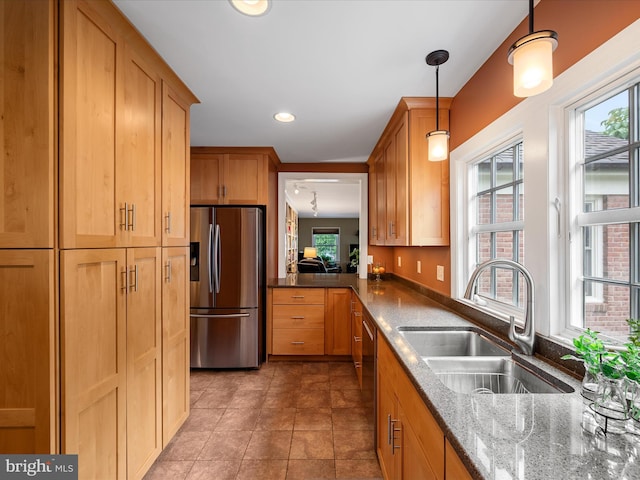 101 Morgan St, Winchester, VA 22601 - kitchen with stainless steel fridge with ice dispenser, dark stone counters, pendant lighting, tile patterned floors, and recessed lighting