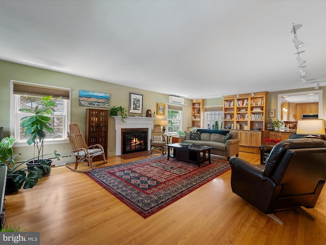 101 Morgan St, Winchester, VA 22601 - living area with a wall mounted air conditioner, rail lighting, wood finished floors, a brick fireplace, and plenty of natural light