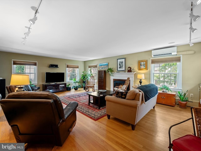 101 Morgan St, Winchester, VA 22601 - living area with track lighting, a wall mounted air conditioner, light wood-style floors, and plenty of natural light