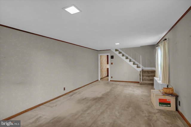 116 Chestnut St, Reading, PA 19607 - unfurnished living room featuring stairway, ornamental molding, and carpet flooring