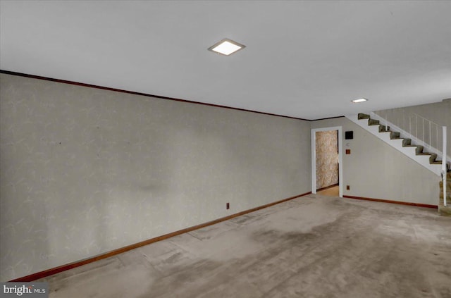 116 Chestnut St, Reading, PA 19607 - finished basement featuring stairs, crown molding, and carpet